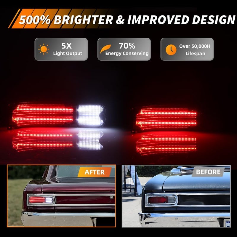 MOTRUM Tail Light Compatible with Chevy Chevelle 1966, [DOT] [IP67 Waterproof] Red LED Taillight Lamps, White Backup Reverse Lights, Replace OEM #CH-TL/RL-66, 1 Pair, Smoked Lens - Image 2